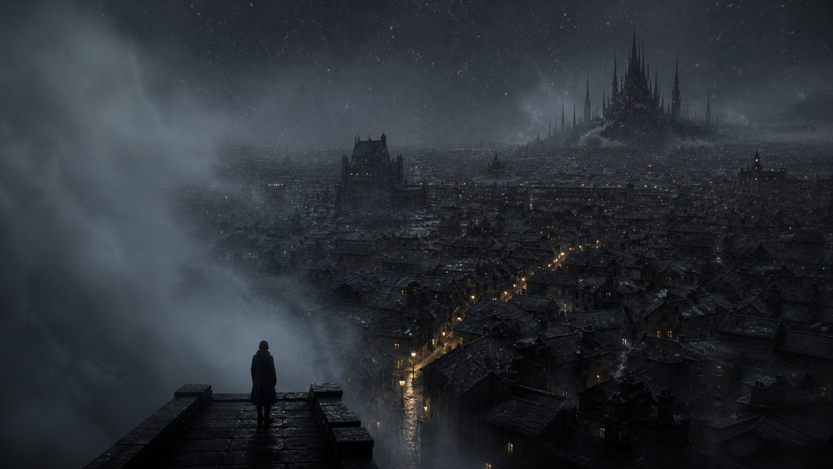 A small figure stands at the edge of cold mists above ash-dark Luthadel, where a narrow trail of warm windows leads through dense rooftops towards distant Kredik Shaw