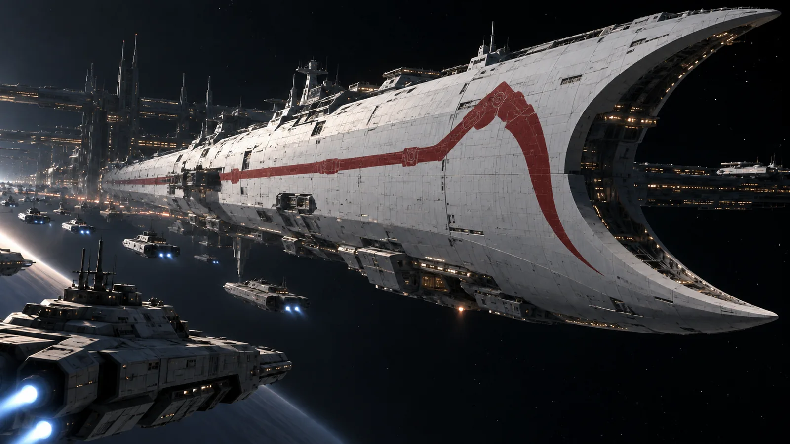A vast white warship with a red scythe painted across its hull towers over smaller vessels beside a space dock.
