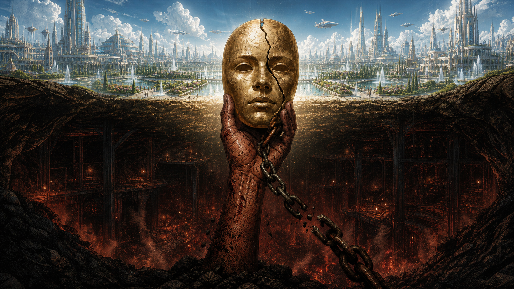 A split image of green Mars above a red mine, with a cracked golden face and a broken chain.