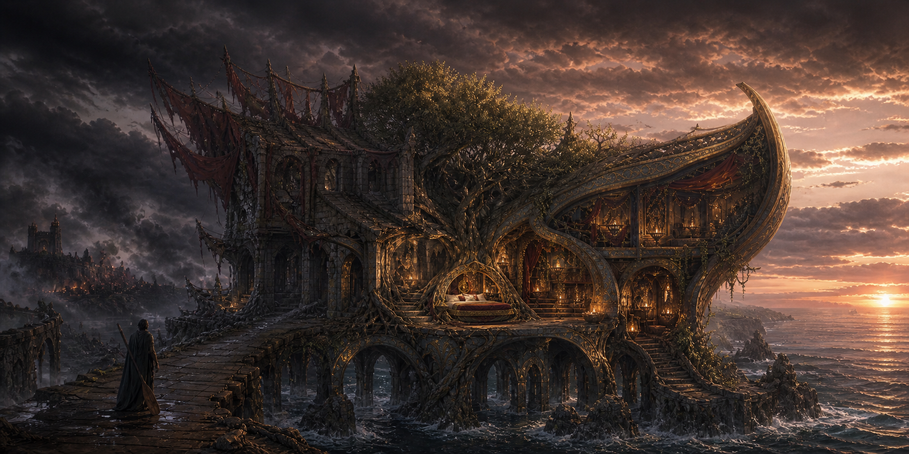 A wounded sea-facing house bridges a burning world on the left to a warm olive-root sanctuary on the right, with an open threshold between them.